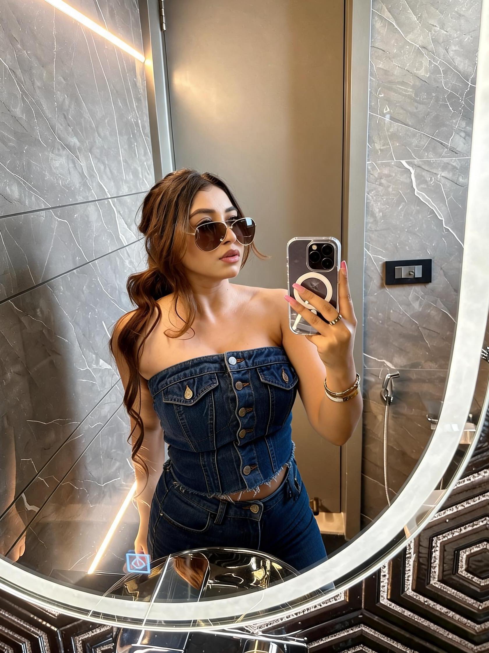 Blue denim corset tube top by EXCLUSIVES; strapless, button-front, on sale