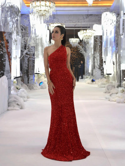 High Slit Cutout One Shoulder Sequins Maxi Dress