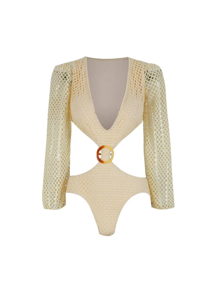 Crochet Cutout Buckle Bodysuit & Skirt Swimsuit Set