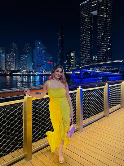 Asmi Spaghetti Strap Ruched Ruffle Dress