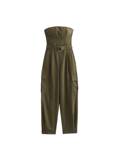 Olive Green Tube Cargo Jumpsuit with Belt