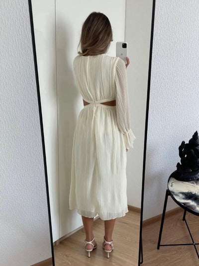 Bell Sleeve Cutout Pleated Midi Dress