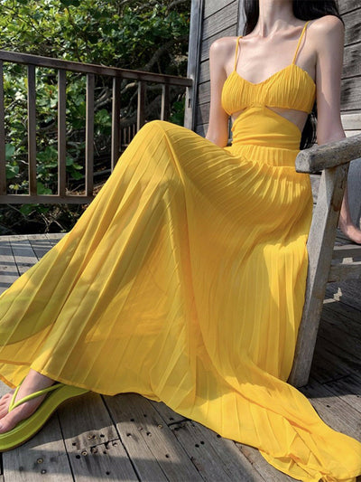 Pleated Spaghetti Strap Cutout Maxi Dress