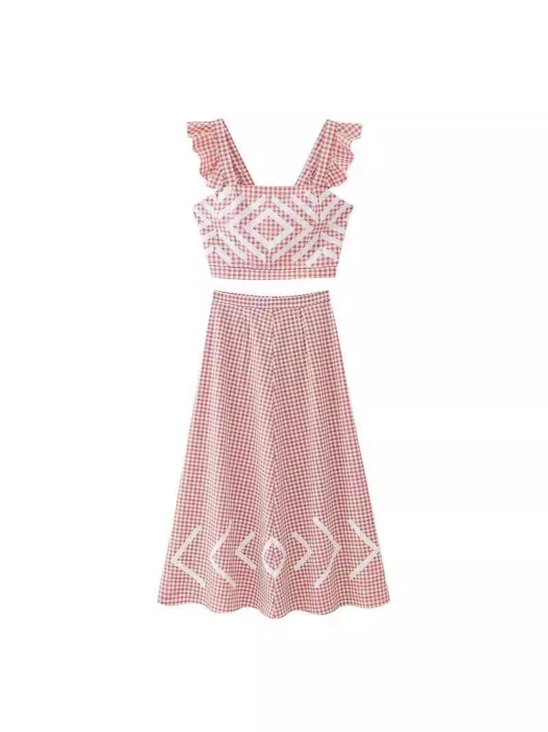 Plaid Ruffle Strap Cami Top & Skirt Coord Set