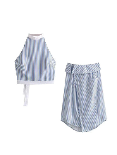 Halterneck Striped Backless Top & Slit Buttoned Skirt