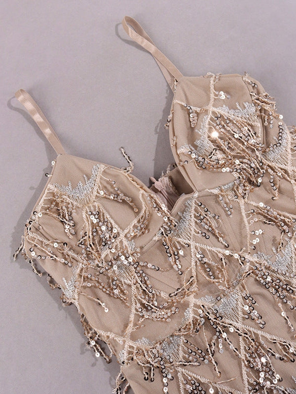 Spaghetti Strap V Neck Sequined Tassel Dress