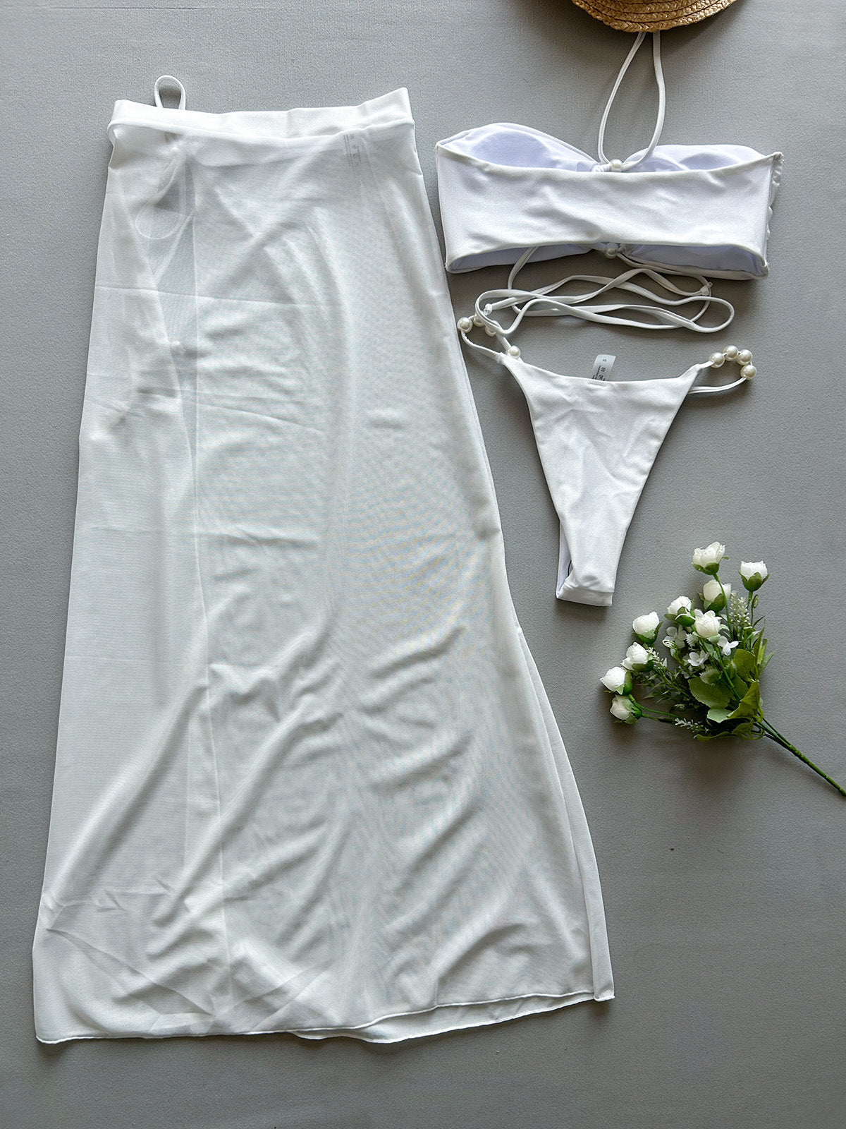 3 Piece Halterneck Bikini Slit Skirt Set