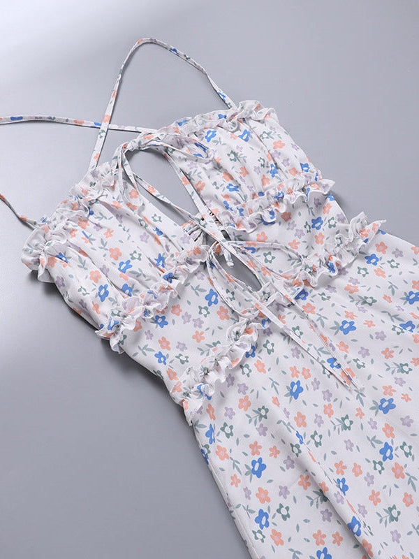 Floral Print Backless Laceup Cutout Split Dress