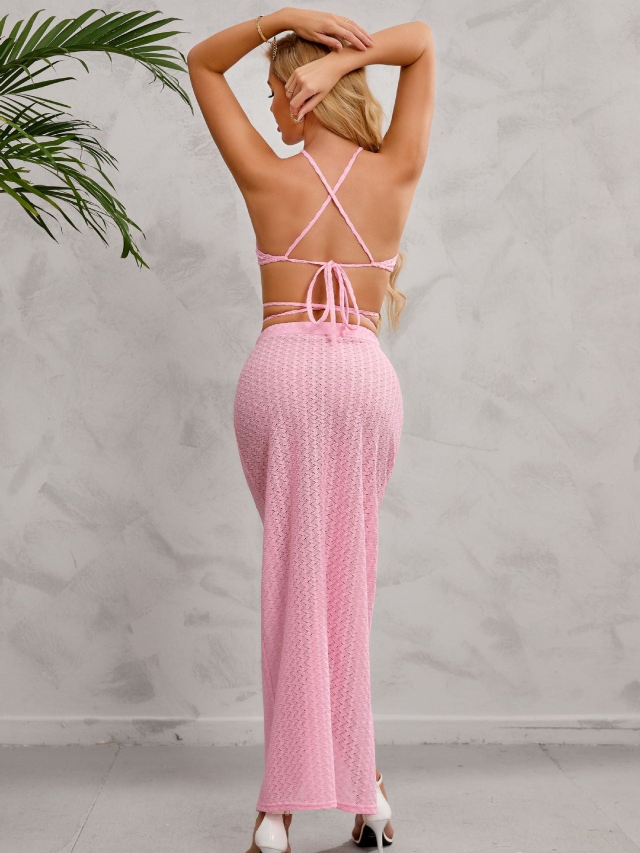 Halterneck See through Lace up Top & Long Slit Skirt Set