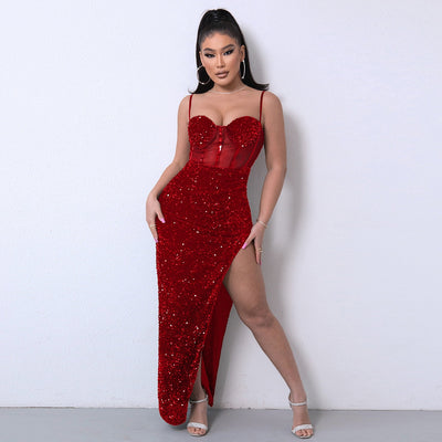 High Slit Boning Corset Sequins Mesh Dress