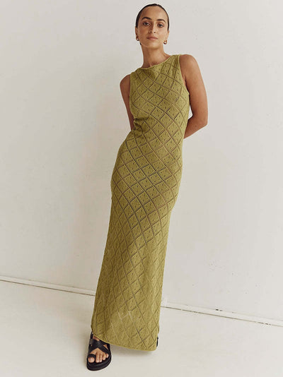 Hollow Out Mesh Beach Vacation Knitted Slit Dress