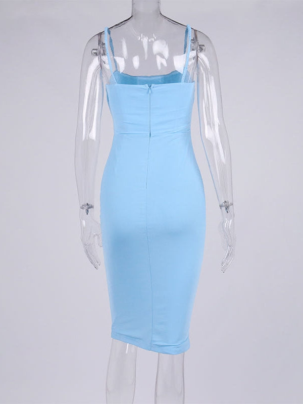 Mesh Pleated Backless Suspender Boning Corset Midi Dress