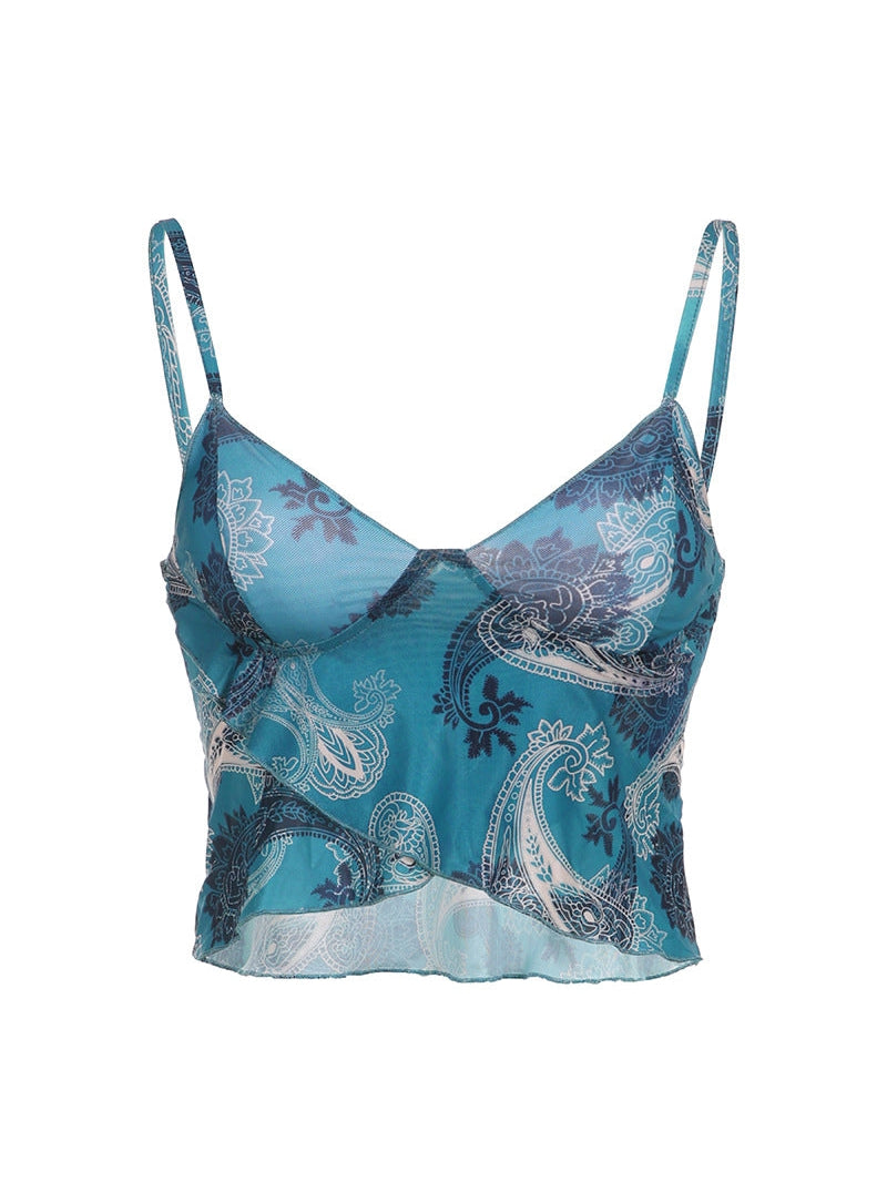 Bohemian Floral Mesh Print V neck Asymmetric Top