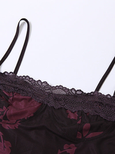 Spaghetti Strap Lace Slim Sheath Print Retro Dress