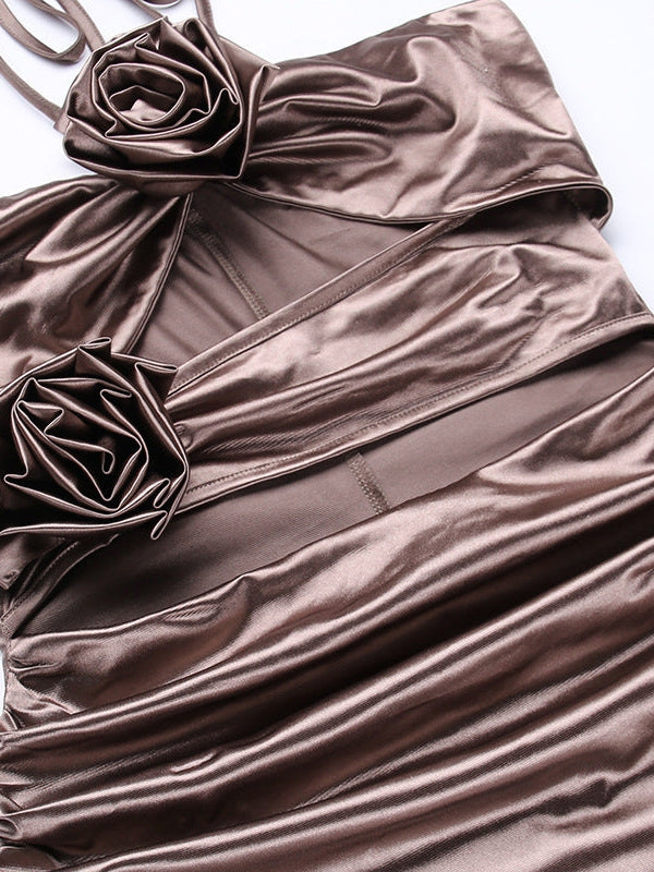 3D Floral Applique Satin Cutout Dress