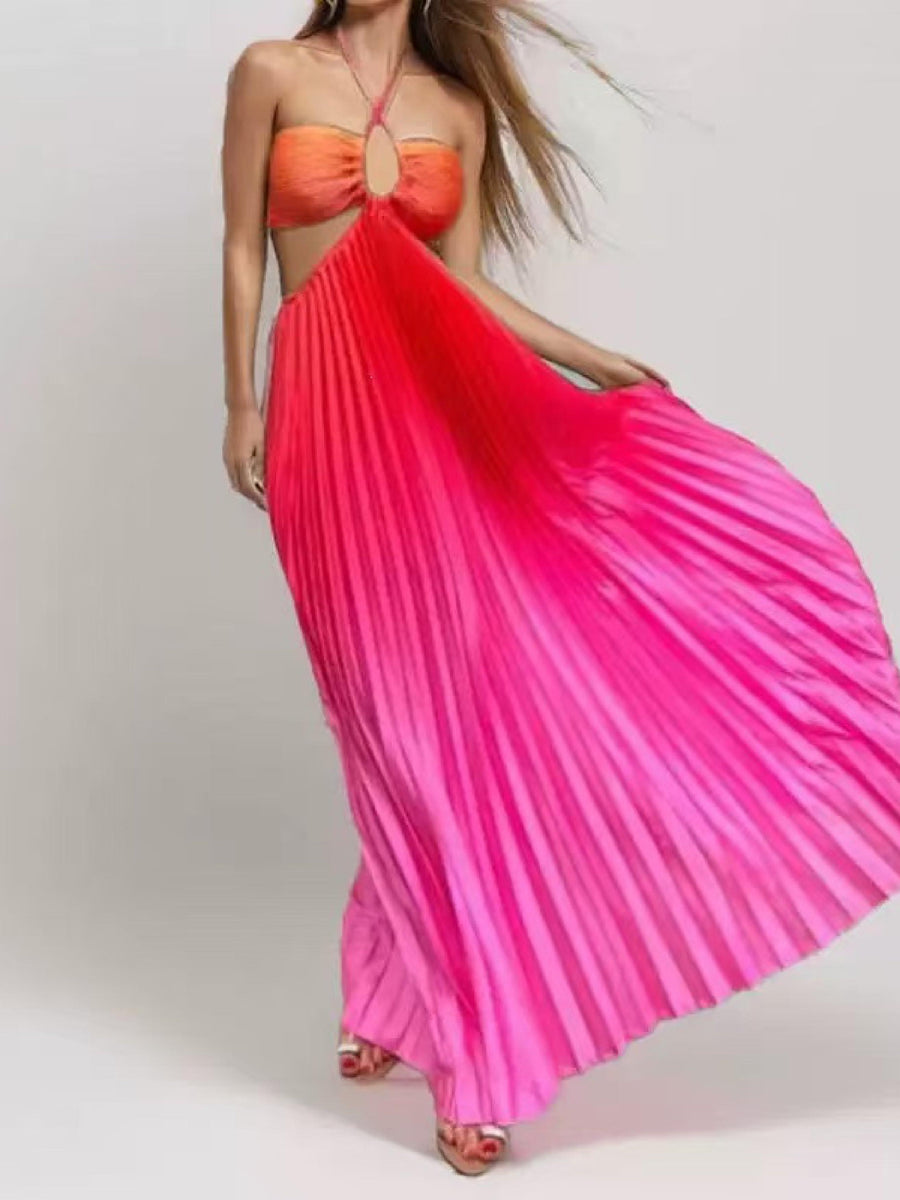 Lace-up halterneck cutout pleated maxi dress in orange-to-pink gradient