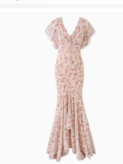 Juliette Floral Maxi Dress by EXCLUSIVES; pink floral print, V-neck with flutter sleeves.