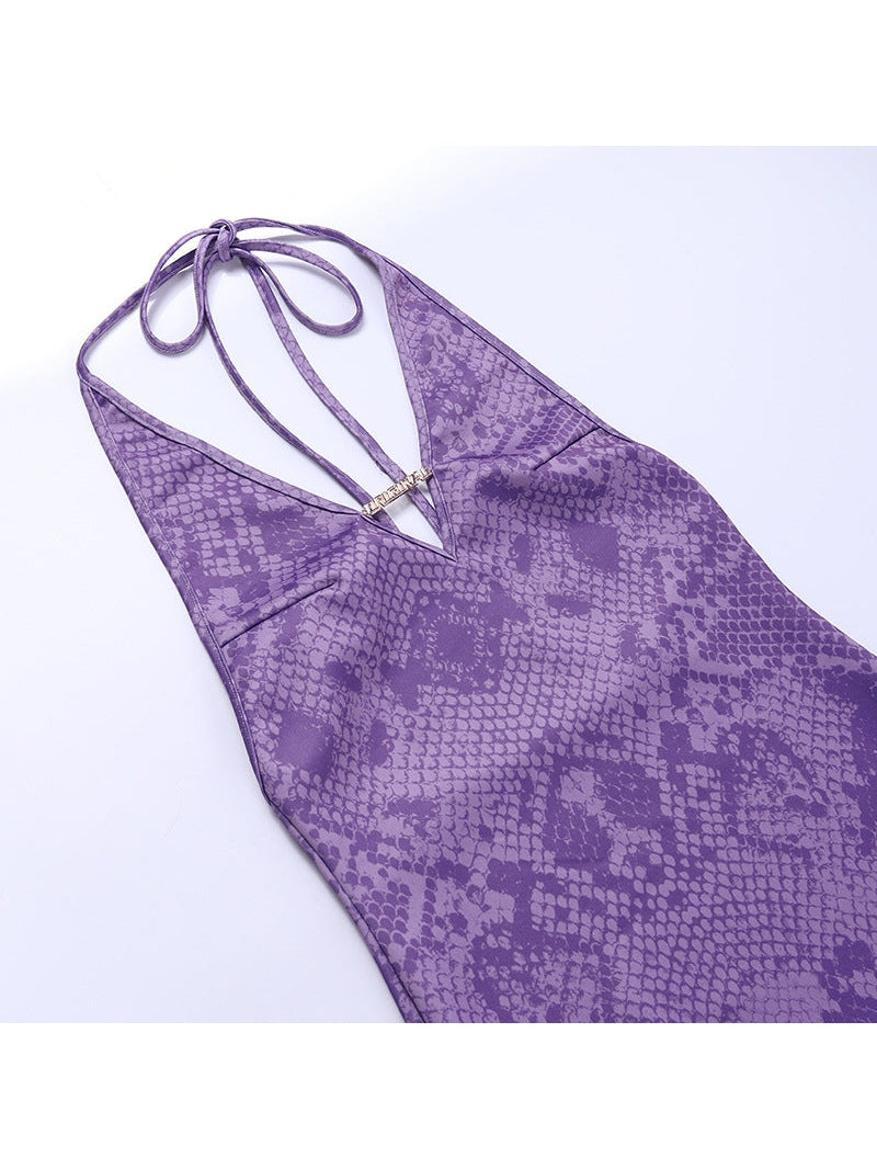 Animal Print Halterneck Backless Split Maxi Dress