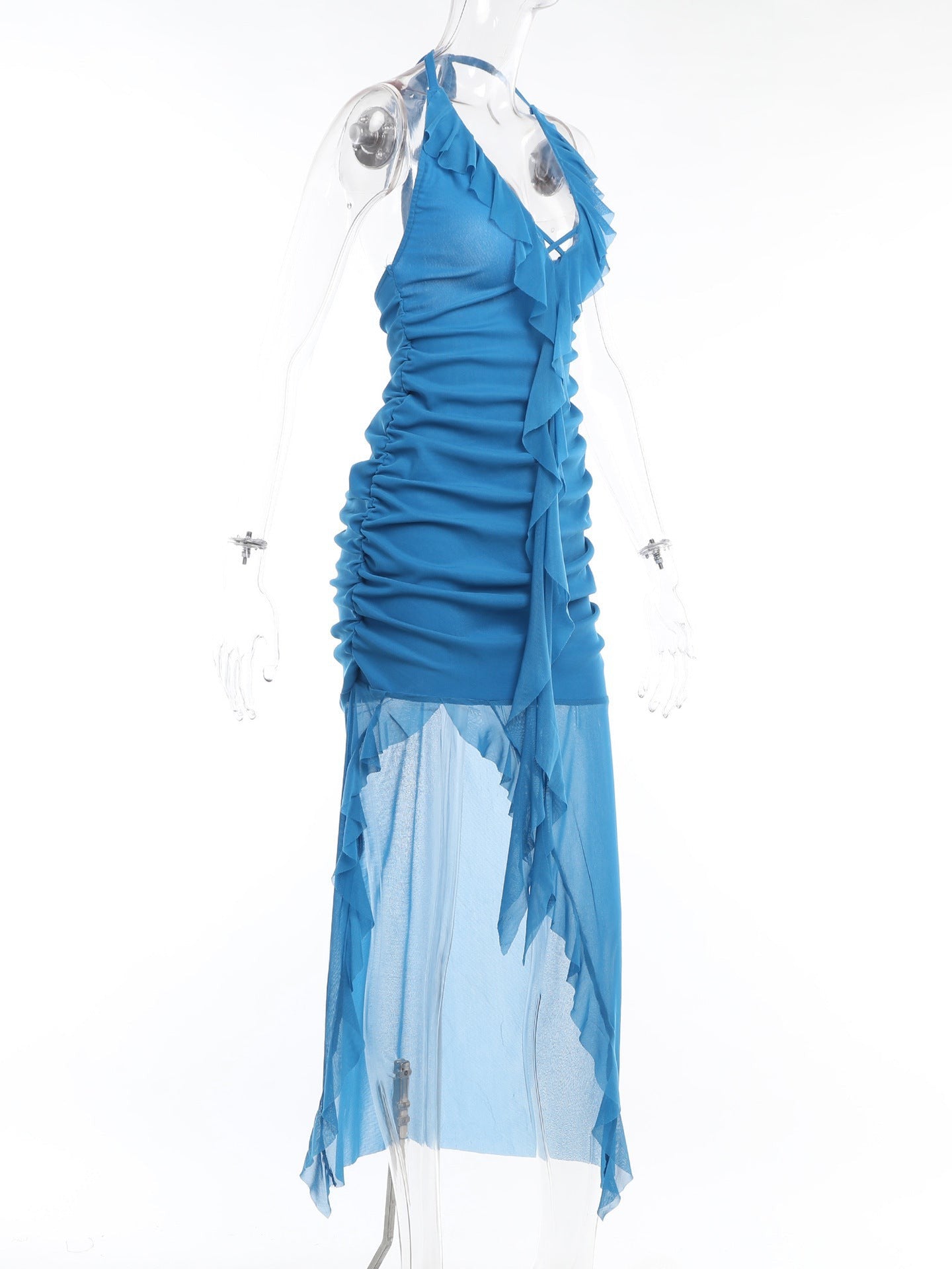 Ruched Deep Halterneck Ruffle Backless High Slit Dress