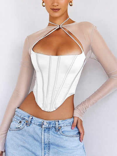 Hollow Out Mesh Sleeves Boning Corset Top