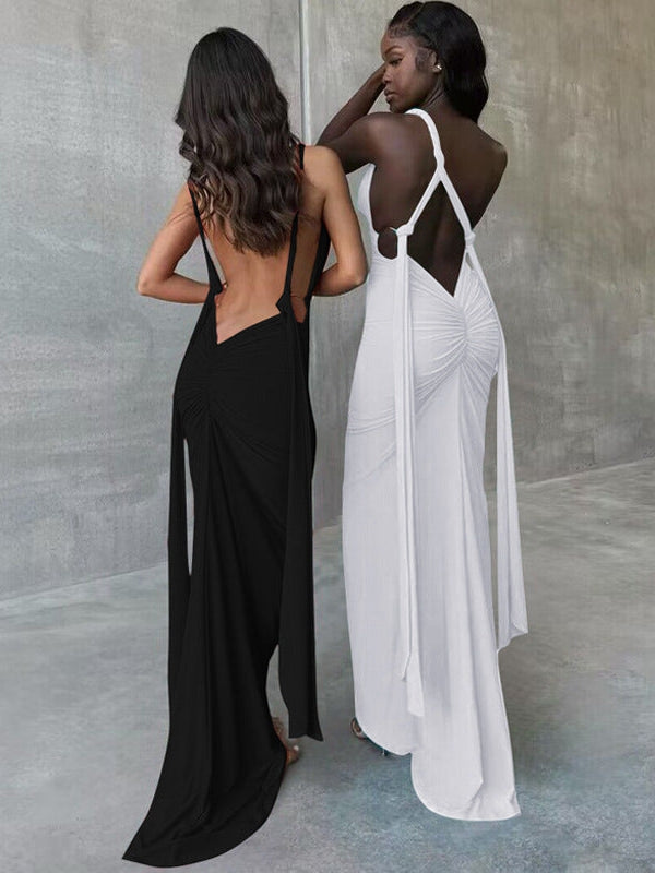 Deep V Neck Backless Hollow Out Maxi Dress