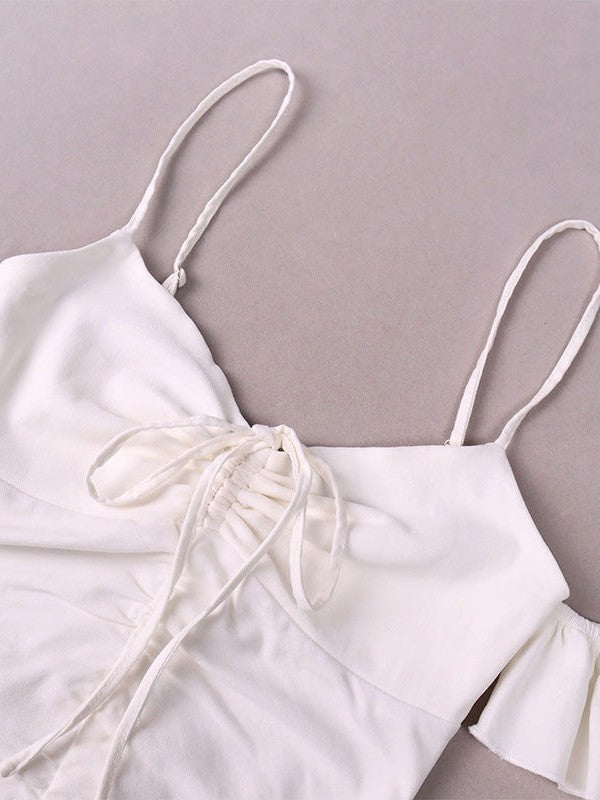 Spaghetti Strap Off Neck Ruffles Pleated Backless Slip Dress