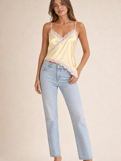 SR Store Serene Glow Lace Camisole Top and light-wash jeans; pale yellow satin with lace trim.