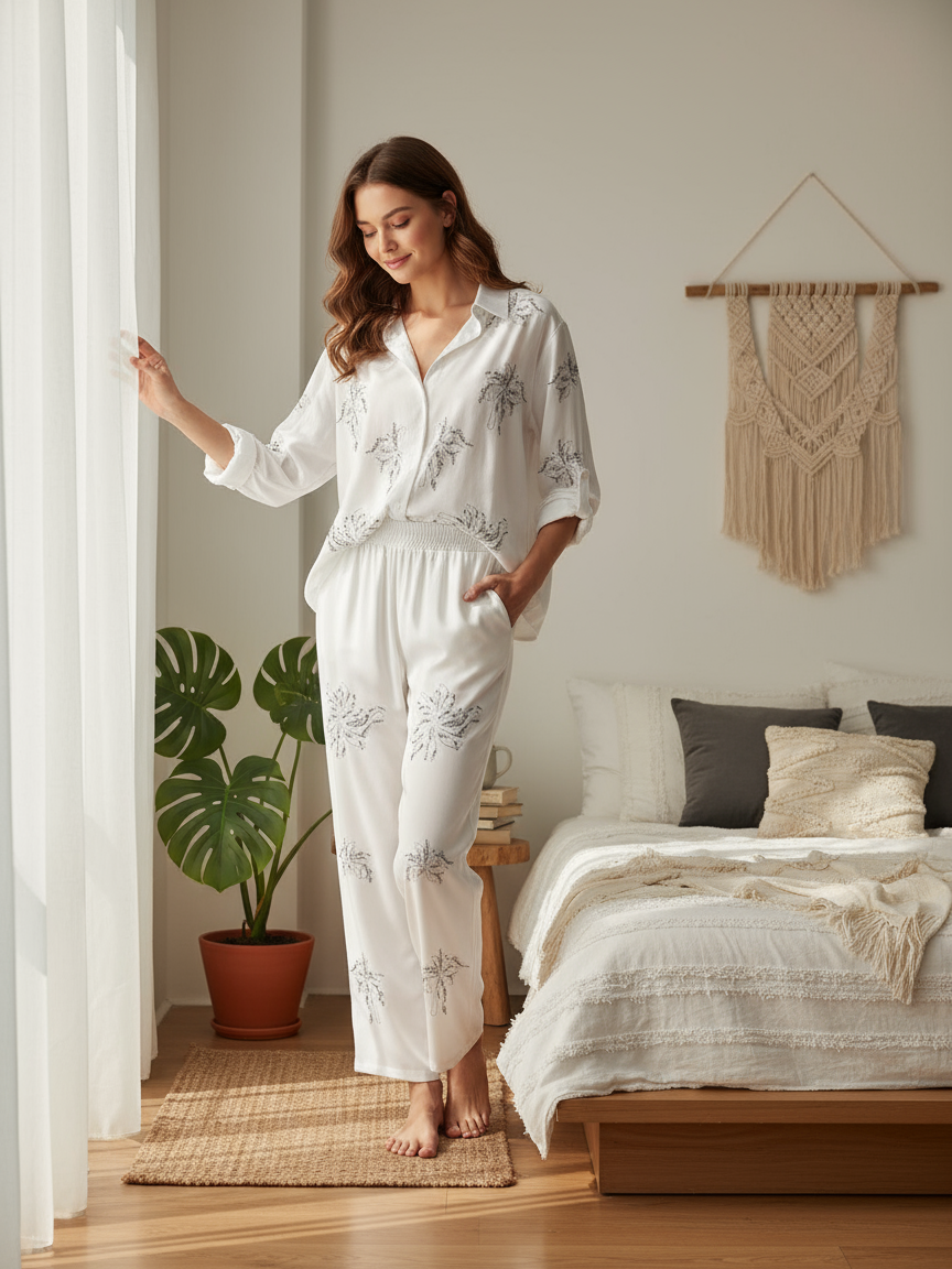 White Embroidered Shirt & Pants Coord Set