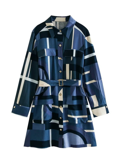 Colorblock Printed Dress with Pockets & belt