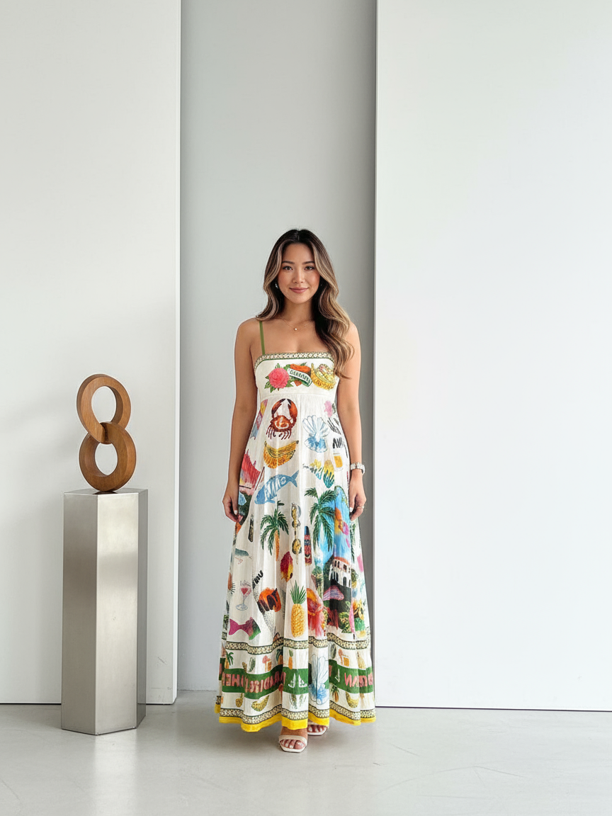 Paradise Graffiti Print Swing Sundress Beach Dress