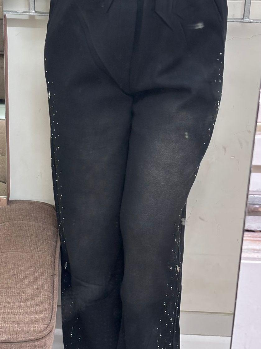 Elegant Side Detail Rhinestone Pants, black trousers with elastic waistband and rhinestone side accents
