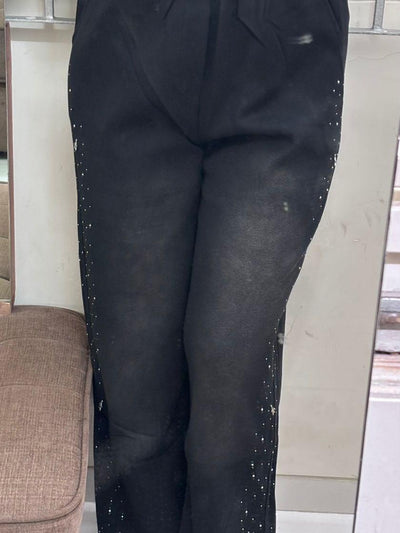 Elegant Side Detail Rhinestone Pants, black trousers with elastic waistband and rhinestone side accents