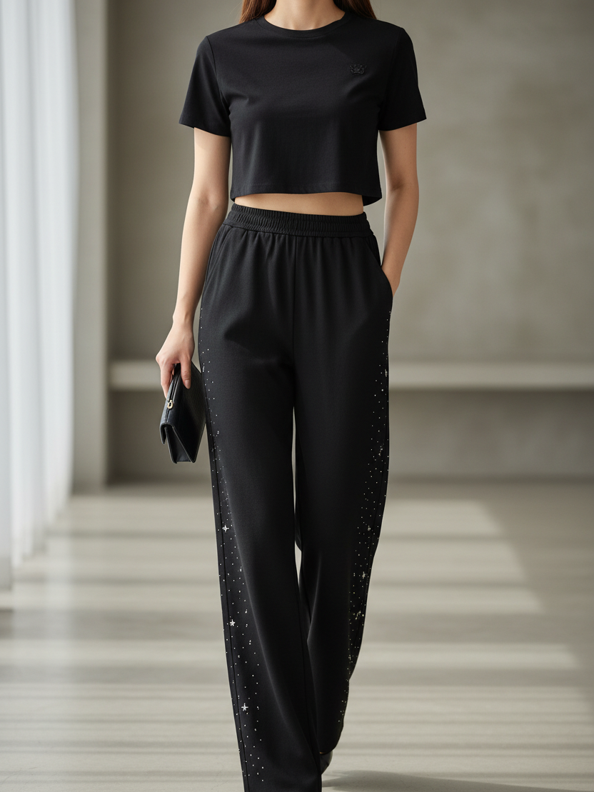 Elegant Side Detail Rhinestone Pants by SR Store, black trousers with rhinestone side accents