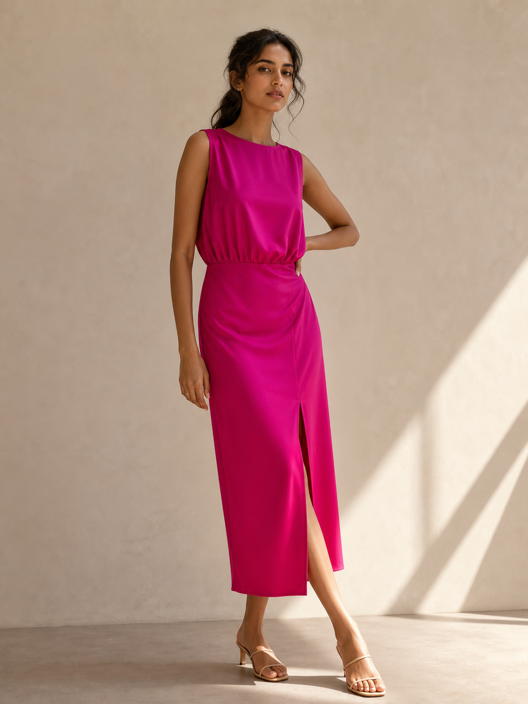 Pink sleeveless midi dress with front slit and cinched waist.