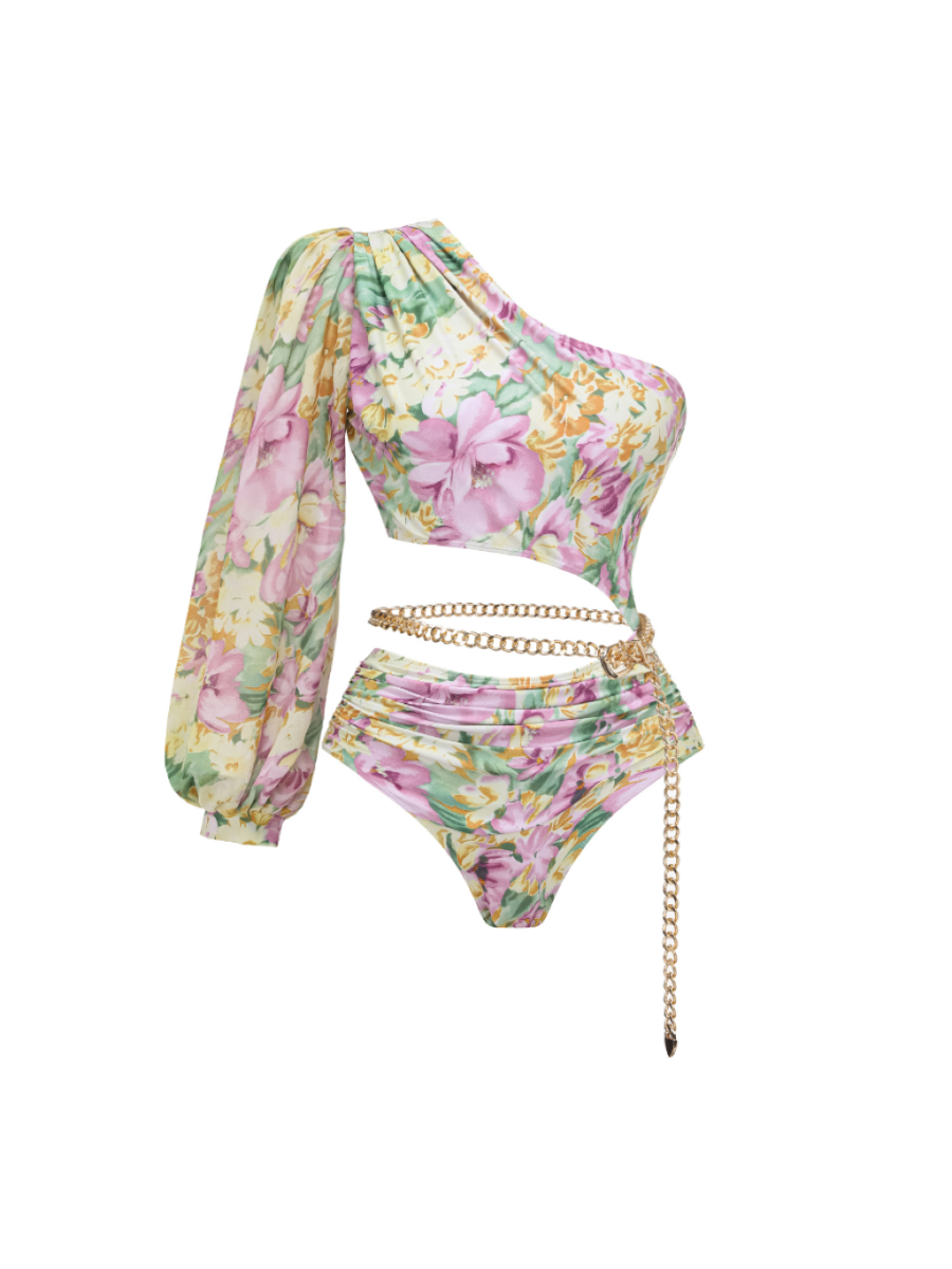 One Shoulder Cut out Blossom Print Swimsuit Skirt Set