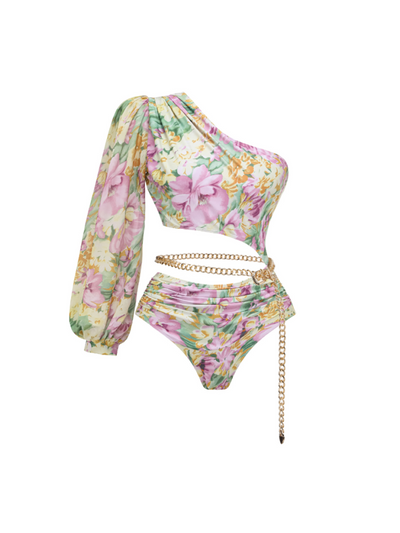 One Shoulder Cut out Blossom Print Swimsuit Skirt Set