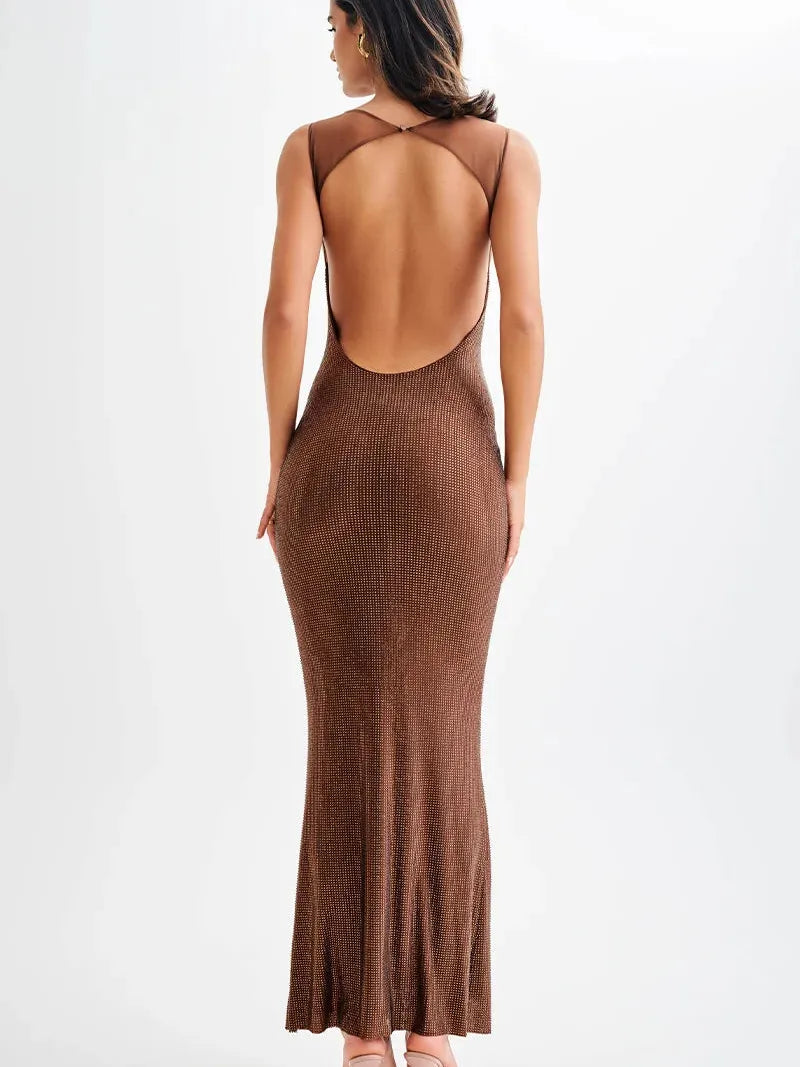 Scoop Neckline Backless Rhinestone Mesh Dress