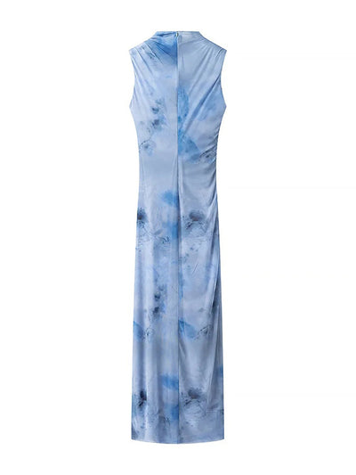 High Neck Floral Print Ruched Maxi Dress