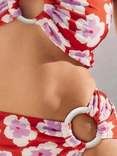 Coastal Blossom Three Piece Beachwear Set by SR Store, red floral print bikini with white ring accents