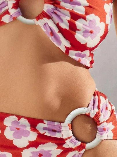 Coastal Blossom Three Piece Beachwear Set by SR Store, red floral print bikini with white ring accents