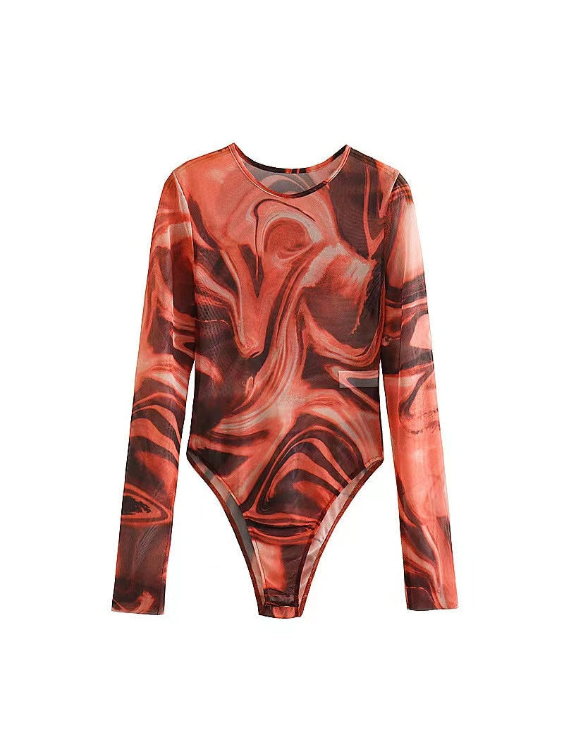 Printed Mesh Tulle Bodysuit
