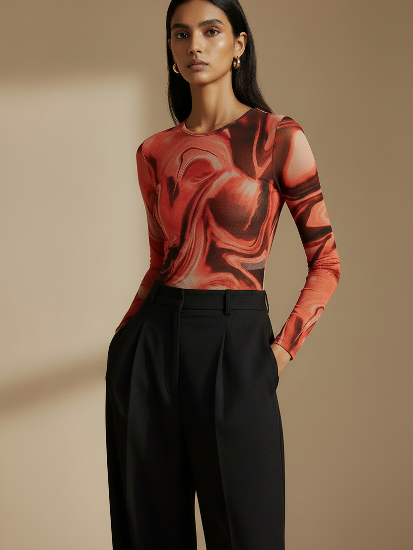 Printed Mesh Tulle Bodysuit, Exclusives brand, red marble print with black swirls, long-sleeve silhouette.