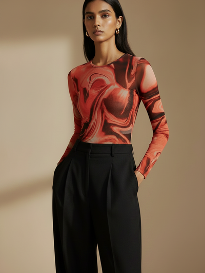 Printed Mesh Tulle Bodysuit, Exclusives brand, red marble print with black swirls, long-sleeve silhouette.
