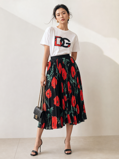 Print DG T-shirt & floral skirt coord set, 2-piece by Branded; white DG-logo tee with black floral pleated midi skirt