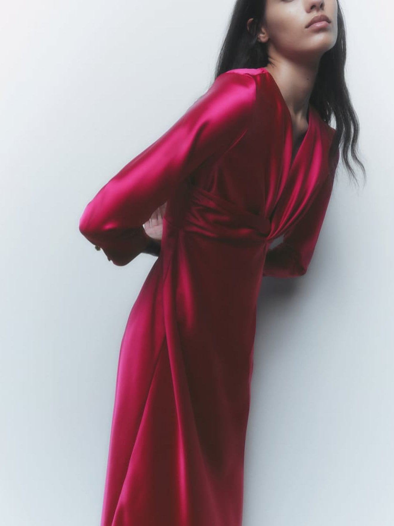 V Neck Silk Forged Texture Bow Tie Elastic Sleeve Dress