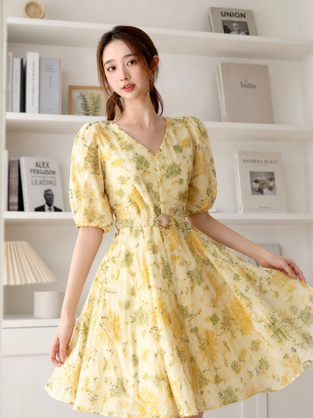 Floral A Line Dress with Belt, yellow floral print with green leaves, belt at waist, puff sleeves