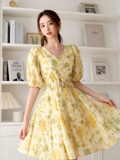 Floral A Line Dress with Belt, yellow floral print with green leaves, belt at waist, puff sleeves