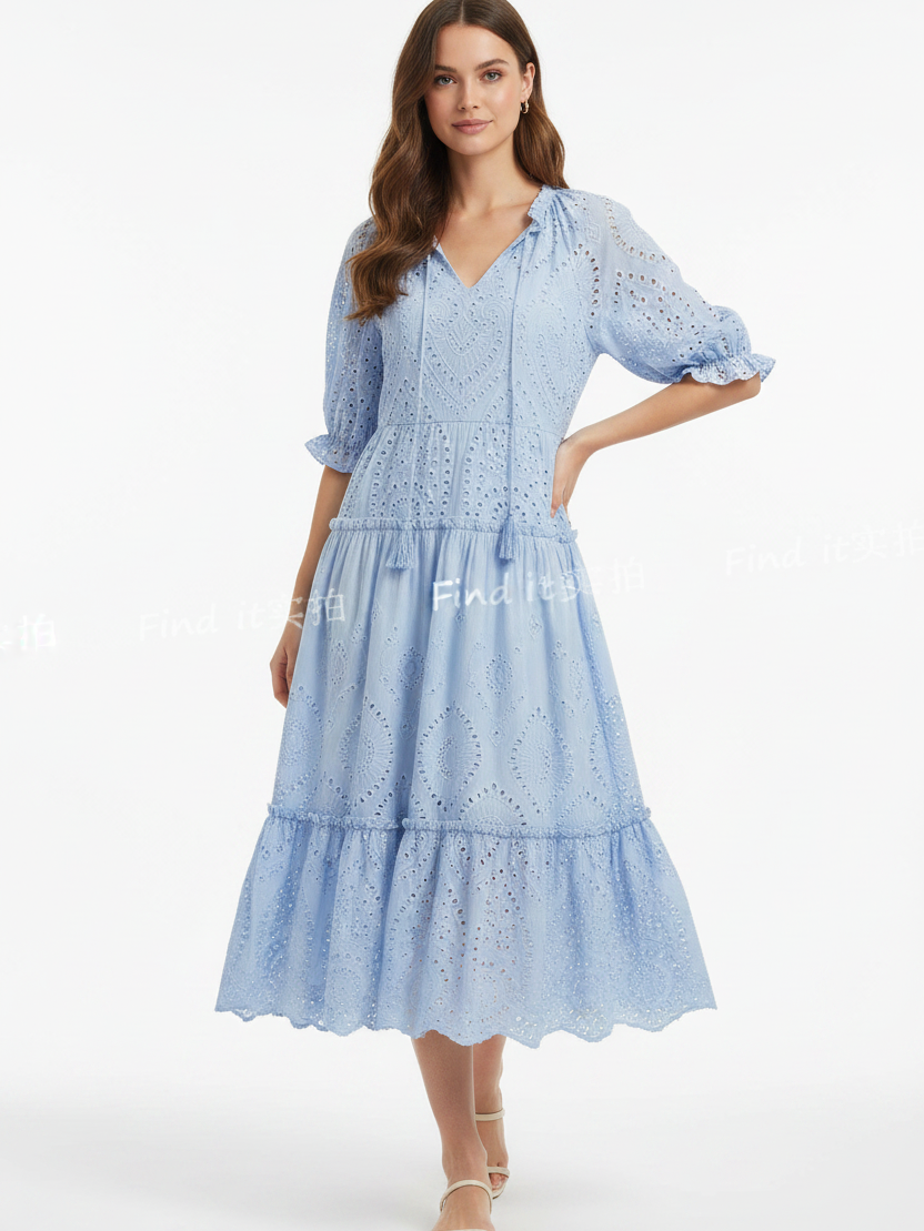 Sunlit Broderie Tiered Maxi Dress, light blue eyelet dress with puff sleeves and tiered hem