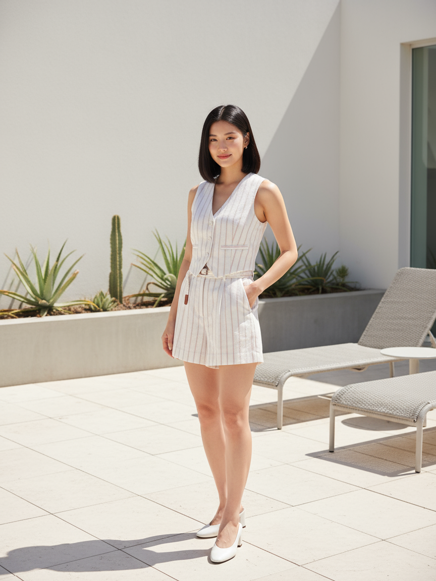 Striped Vest Waist Coat & Shorts With Belt Coord Set