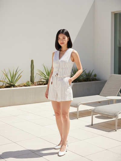 Striped Vest Waist Coat & Shorts With Belt Coord Set